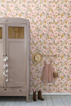 Sale Estahome papier peint fleurs rose clair, jaune ocre et vert grisé - 50 x 900 cm - 130923
