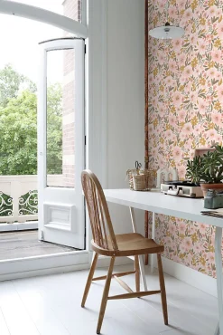 Sale Estahome papier peint fleurs rose clair, jaune ocre et vert grisé - 50 x 900 cm - 130923