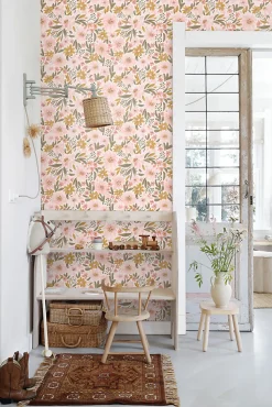Sale Estahome papier peint fleurs rose clair, jaune ocre et vert grisé - 50 x 900 cm - 130923