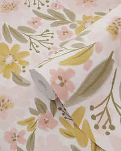 Sale Estahome papier peint fleurs rose clair, jaune ocre et vert grisé - 50 x 900 cm - 130923