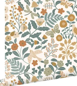 Estahome papier peint fleurs et oiseaux bleu grisâtre, vert olive grisé et jaune ocre - 53 cm x 10.05 m - 139865* Papier Peint Fleuri