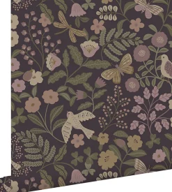 Estahome papier peint fleurs et oiseaux violet aubergine, vert olive grisé et lilas violet - 53 cm x 10.05 m - 139871* Papier Peint Fleuri