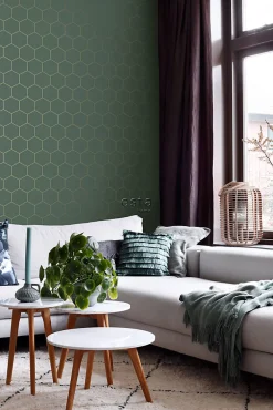 Clearance Estahome papier peint hexagone vert foncé et or - 53 cm x 10.05 m - 139228