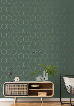 Clearance Estahome papier peint hexagone vert foncé et or - 53 cm x 10.05 m - 139228