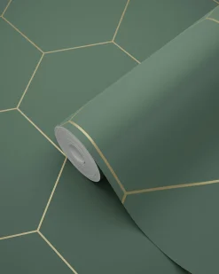 Clearance Estahome papier peint hexagone vert foncé et or - 53 cm x 10.05 m - 139228