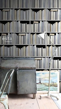 Sale Estahome papier peint intissé XXL bibliothèque noir, gris, beige et blanc - 50 x 900 cm - 158205
