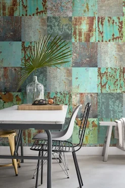 Discount Estahome papier peint intissé XXL patchwork de plaques de metal rouillé et vieilli bleu canard et marron - 50 x 900 cm - 158203