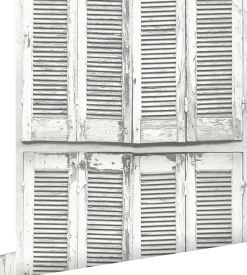 Clearance Estahome papier peint persiennes altérées en bois rétro vintage gris chaud clair et blanc mat - 53 cm x 10.05 m - 138882