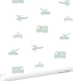 Online Estahome papier peint voitures, camions de pompiers, hélicoptères et grues vert menthe sur blanc - 53 cm x 10.05 m - 128856