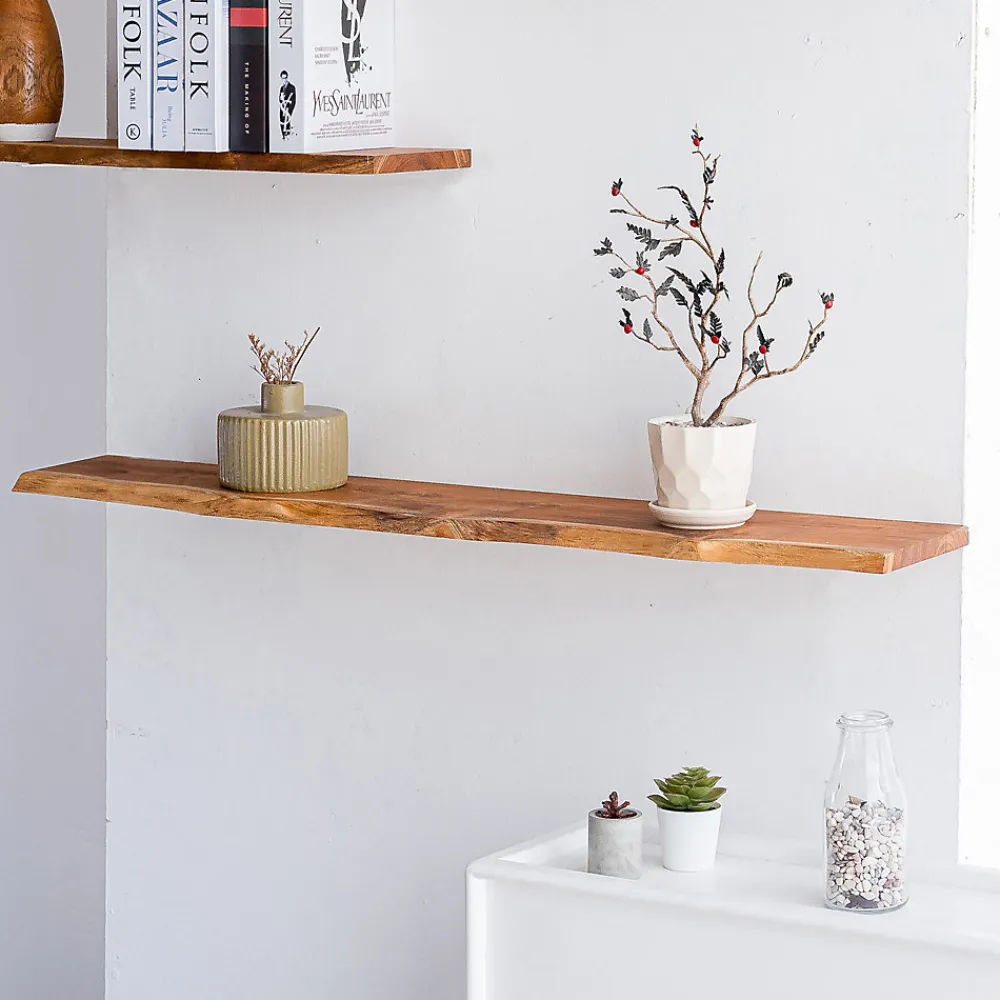Woodbord Etagère Murale en Bois Acacia Massif Huilé - Bord Naturel Irrégulier - Fixation Inclus - 18x195x1200mm - Etagère de Bureau* Etagère Murale