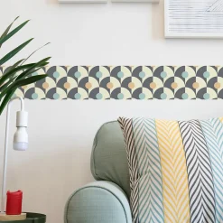 Discount Plage Frise adhésive autocollante 15 cm X 300 cm, motif éventail gris et crème avec cercles au milieu, décoration murale intérieure.