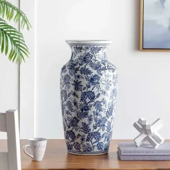 La Grande Prairie Grand vase céramique floral blanc et bleu 30x30x61cm* Vase Décoratif