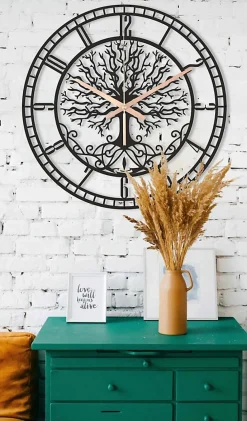 Clearance Nature Pro Horloge Murale en Métal Arbre de Vie Silencieuse pour Cuisine, Salon, Salle de Bain, Chambre à Coucher (60 x 60 cm)