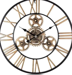 Nature Pro Horloge Murale Géante Métal 60cm, Engrenages Or Industrielle Silencieuse Chiffres Romains pour Salon Bar Restaurant