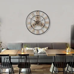 Nature Pro Horloge Murale Géante Métal 60cm, Engrenages Or Industrielle Silencieuse Chiffres Romains pour Salon Bar Restaurant