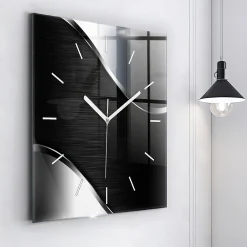 Wallfluent Horloge murale 60x60 cm Aiguilles blanches Lignes noires et argentées 1 pcs