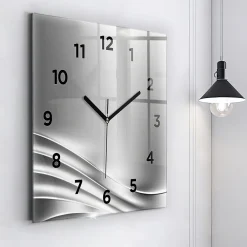 Wallfluent Horloge murale 60x60 cm Avec chiffres Aiguilles noires Abstraction argentée 1 pcs* Horloge