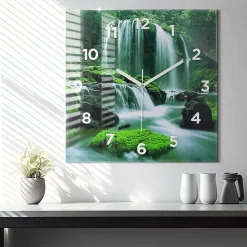 Wallfluent Horloge murale 60x60 cm Avec chiffres Aiguilles blanches Cascade parmi la mousse 1 pcs* Horloge