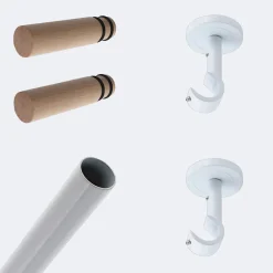Boulet Kit de tringle à rideaux Blanc 150cm Diam.20mm Embout Cylindre Bois - Fixation Plafond -* Kit De Barre De Rideau