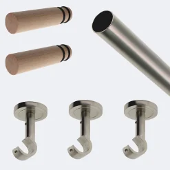 Hot Boulet Kit de tringle à rideaux Nickel Mat 250cm Diam.20mm Embout Cylindre Bois - Fixation Plafond -
