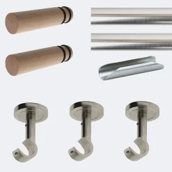 Outlet Boulet Kit de tringle à rideaux Nickel Mat 300cm Diam.20mm Embout Cylindre Bois - Fixation Plafond -