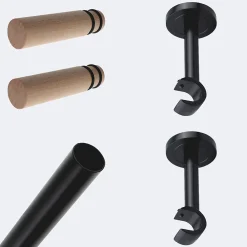 New Boulet Kit de tringle à rideaux Noir Mat 200cm Diam.20mm Embout Cylindre Bois - Fixation Mur -