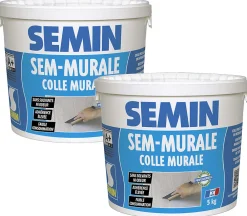 Hot Semin Lot de 2 Colles pour Toiles de Verre et Revêtements Muraux Légers Sem Murale, Prêt à l'Emploi, Seau 5 kg