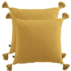 Meubletmoi Lot de 2 coussins 40x40 double gaze de coton jaune avec pompons - PEPA* Coussin Pour Canapé|Coussin