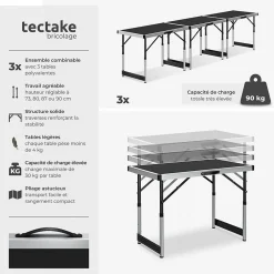 Tectake Lot de 3 tables à tapisser en aluminium noir* Outils Du Tapissier