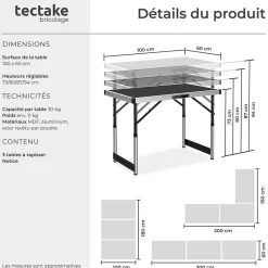 Tectake Lot de 3 tables à tapisser en aluminium noir* Outils Du Tapissier