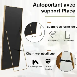 Discount ProximaX Miroir autoportant rectangulaire 173x63 cm, grand miroir sur pied, pose au sol ou fixation murale, Doré