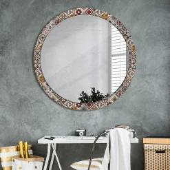 Clearance Tulup Miroir Circulaire avec Cadre Imprimé Décoratif 100 cm - 86 cm Motif Turc