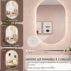 Giantex Miroir de Salle de Bain Miroir de Maquillage Mural avec Éclairage LED Fonction Anti Buée Miroir Ovale sans Cadre* Miroir|Miroir