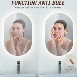 Giantex Miroir de Salle de Bain Miroir de Maquillage Mural avec Éclairage LED Fonction Anti Buée Miroir Ovale sans Cadre* Miroir|Miroir