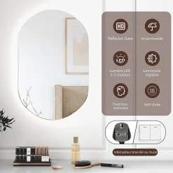 Giantex Miroir de Salle de Bain Miroir de Maquillage Mural avec Éclairage LED Fonction Anti Buée Miroir Ovale sans Cadre* Miroir|Miroir
