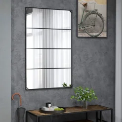 Outlet Homcom Miroir mural verrière rectangulaire style industriel - horizontal ou vertical - 4 crochets - métal noir