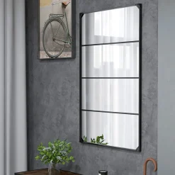 Outlet Homcom Miroir mural verrière rectangulaire style industriel - horizontal ou vertical - 4 crochets - métal noir