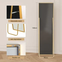 Fortuna lai Miroir Pleine Longueur, 140 X 40 Cm, Haute Définition, Avec Support, Convient Pour Le Salon, Dorée* Miroir|Miroir