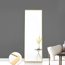 Outlet ProximaX Miroir pleine longueur 150x40 cm, sur pied ou mural, cadre aluminium doré, grand miroir rectangulaire pour salon ou chambre