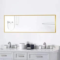 Outlet ProximaX Miroir pleine longueur 150x40 cm, sur pied ou mural, cadre aluminium doré, grand miroir rectangulaire pour salon ou chambre