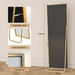 Outlet ProximaX Miroir pleine longueur 150x40 cm, sur pied ou mural, cadre aluminium doré, grand miroir rectangulaire pour salon ou chambre