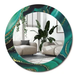 Wallfluent Miroir Rond Cadre Verre Imprimé fi90 cm Marbre Émeraude Grand Modèle Tendance Design Glamour* Miroir|Miroir