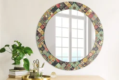 Outlet Wallfluent Miroir Rond Cadre Verre Imprimé fi60 cm Carreaux De Patchwork Standard Modèle Tendance Design Glamour