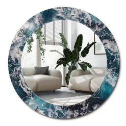 New Wallfluent Miroir Rond Cadre Verre Trempé Motif fi60 cm Mer Agitée Effet Agrandissant Style Moderne