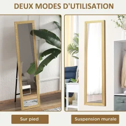 Homcom Miroir sur pied et mural rectangulaire dim. 37L x 40l x 157H cm piètement métal noir aspect chêne clair* Miroir|Miroir