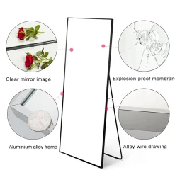 Fortuna lai Miroir sur Pied 150x40 cm, Cadre Aluminium Noir, Miroir Mural Moderne à Poser ou Suspendre* Miroir|Miroir
