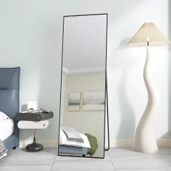 Clearance Fortuna lai Miroir sur Pied 162x53 cm, Cadre Aluminium Noir, Miroir Mural Moderne à Poser ou Suspendre
