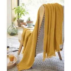 Altobuy OUREA - Plaid à Franges 180x220cm 4 Epaisseurs Gaze de Coton Safran* Plaid Canapé|Plaid