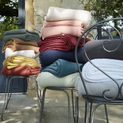 Altobuy OUREA - Plaid à Franges 180x220cm 4 Epaisseurs Gaze de Coton Safran* Plaid Canapé|Plaid