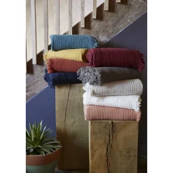 Altobuy OUREA - Plaid à Franges 130x160cm 4 Epaisseurs Gaze de Coton Granit
